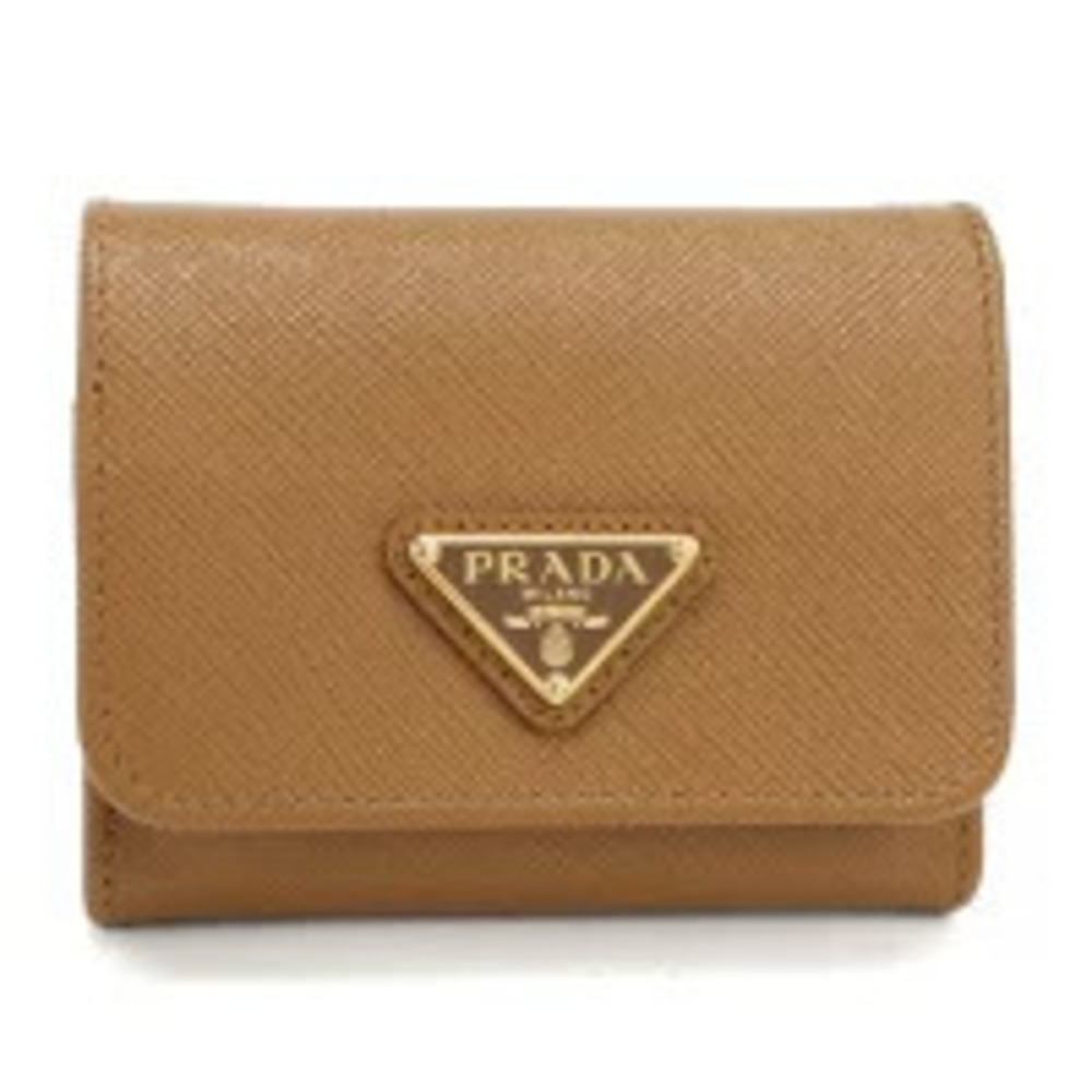 Prada Tri fold Wallet Coin Compact Caramel Tan